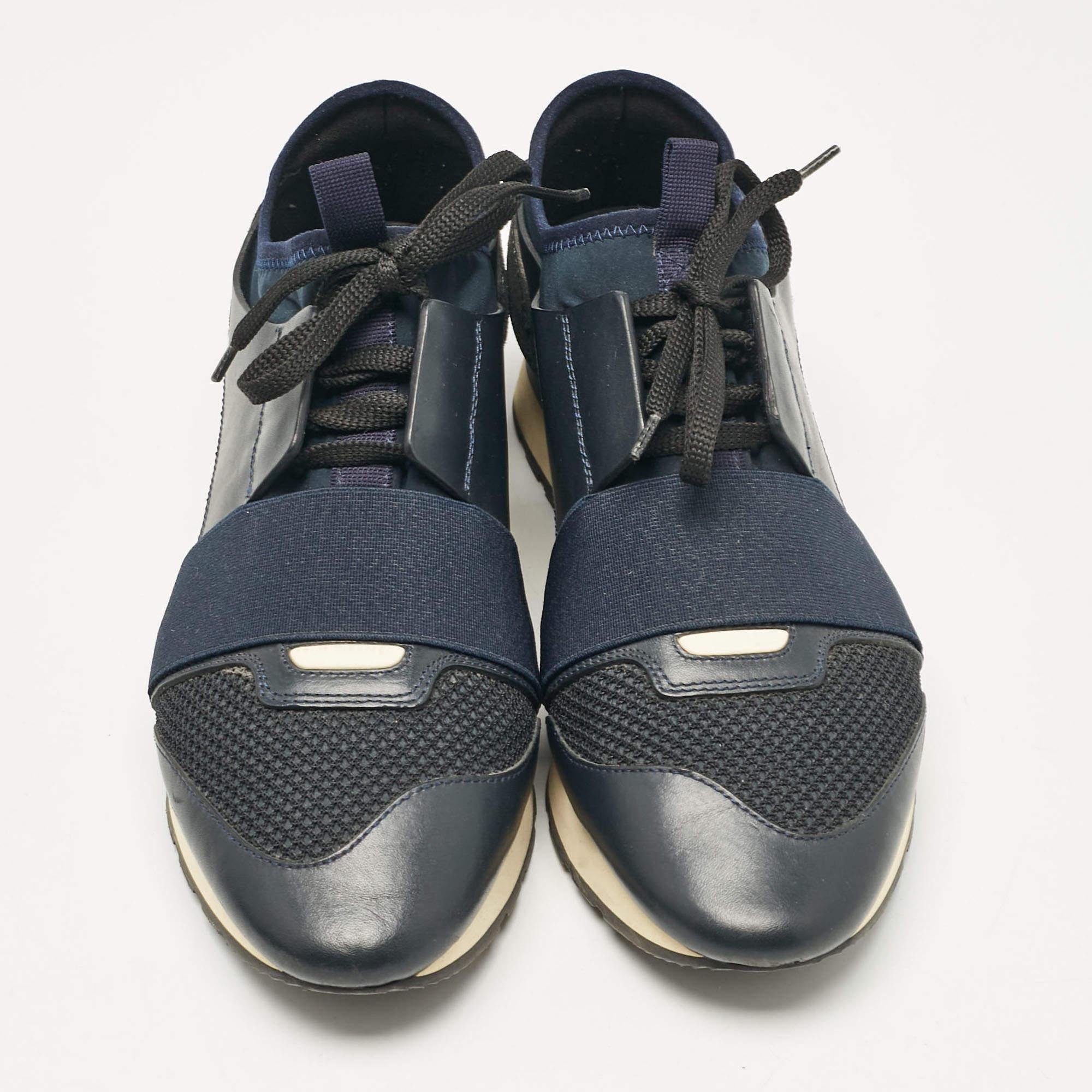 Black Balenciaga Navy Blue Fabric and Leather Race Runner Lace Up Sneakers Size 39 For Sale
