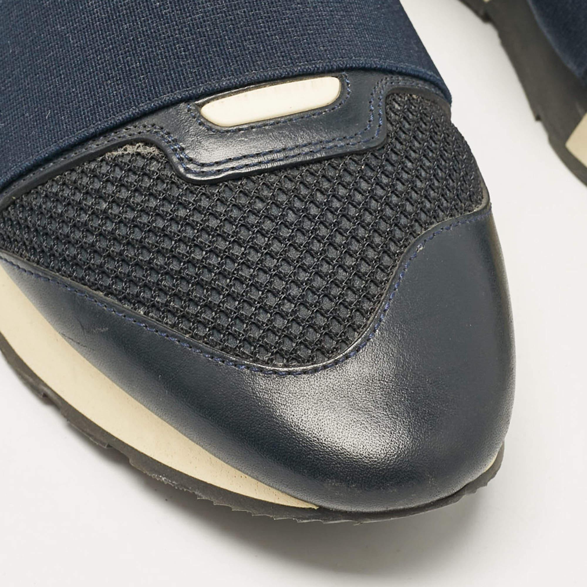 Balenciaga Navy Blue Fabric and Leather Race Runner Lace Up Sneakers Size 39 For Sale 2