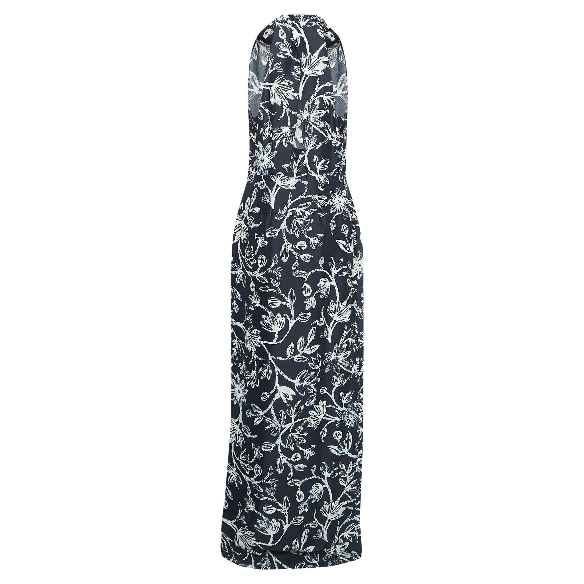 Balenciaga Navy Blue Floral Print Crepe Halter Neck Maxi Dress L en vente