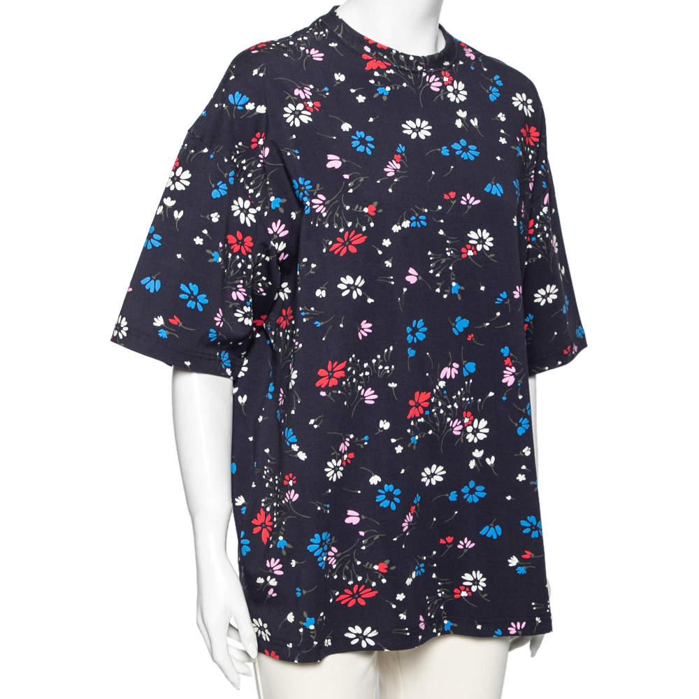 Black Balenciaga Navy Blue Floral Printed Cotton Oversized Short Sleeve T-Shirt M For Sale