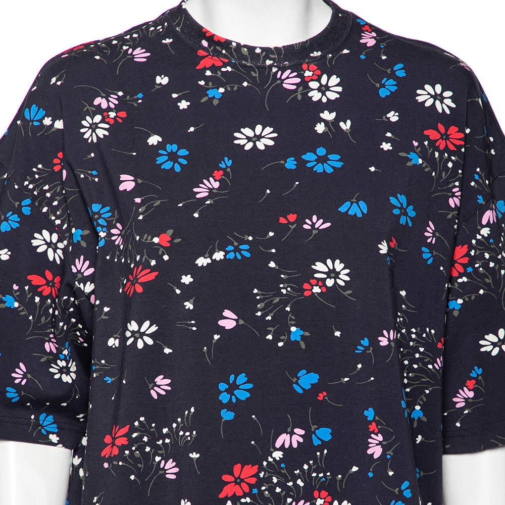 Balenciaga Navy Blue Floral Printed Cotton Oversized Short Sleeve T-Shirt M In Good Condition For Sale In Dubai, Al Qouz 2