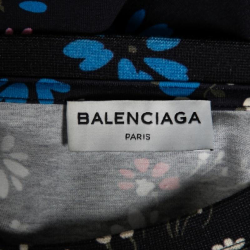 Women's Balenciaga Navy Blue Floral Printed Cotton Oversized Short Sleeve T-Shirt M For Sale