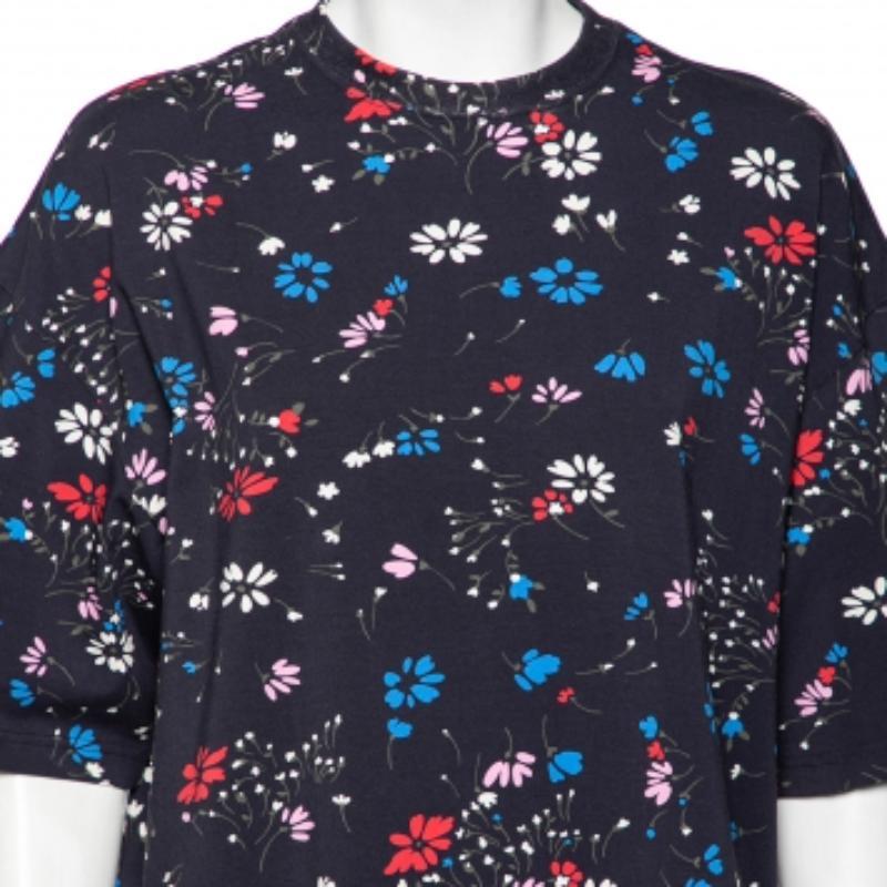 Balenciaga Navy Blue Floral Printed Cotton Oversized Short Sleeve T-Shirt M For Sale 1