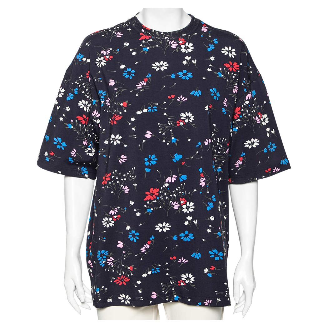 Balenciaga Navy Blue Floral Printed Cotton Oversized Short Sleeve T-Shirt M For Sale