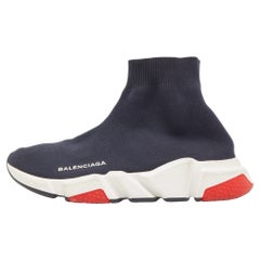 Used Balenciaga Navy Blue Knit Fabric Speed Trainer Sneakers Size 38