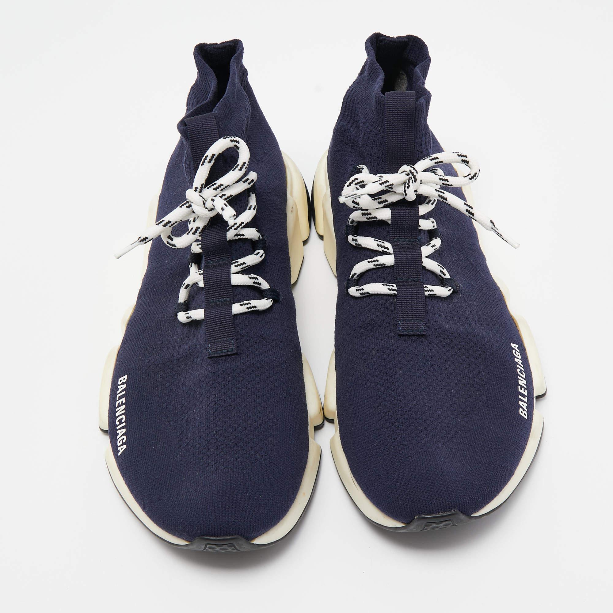 Balenciaga Navy Blue Knit Fabric Speed Trainer Sneakers Size 45 In Good Condition In Dubai, Al Qouz 2