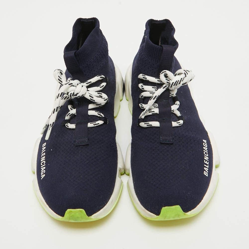Balenciaga Navy Blue Knit Speed Trainer High Top Sneakers Size 38 In Good Condition For Sale In Dubai, Al Qouz 2