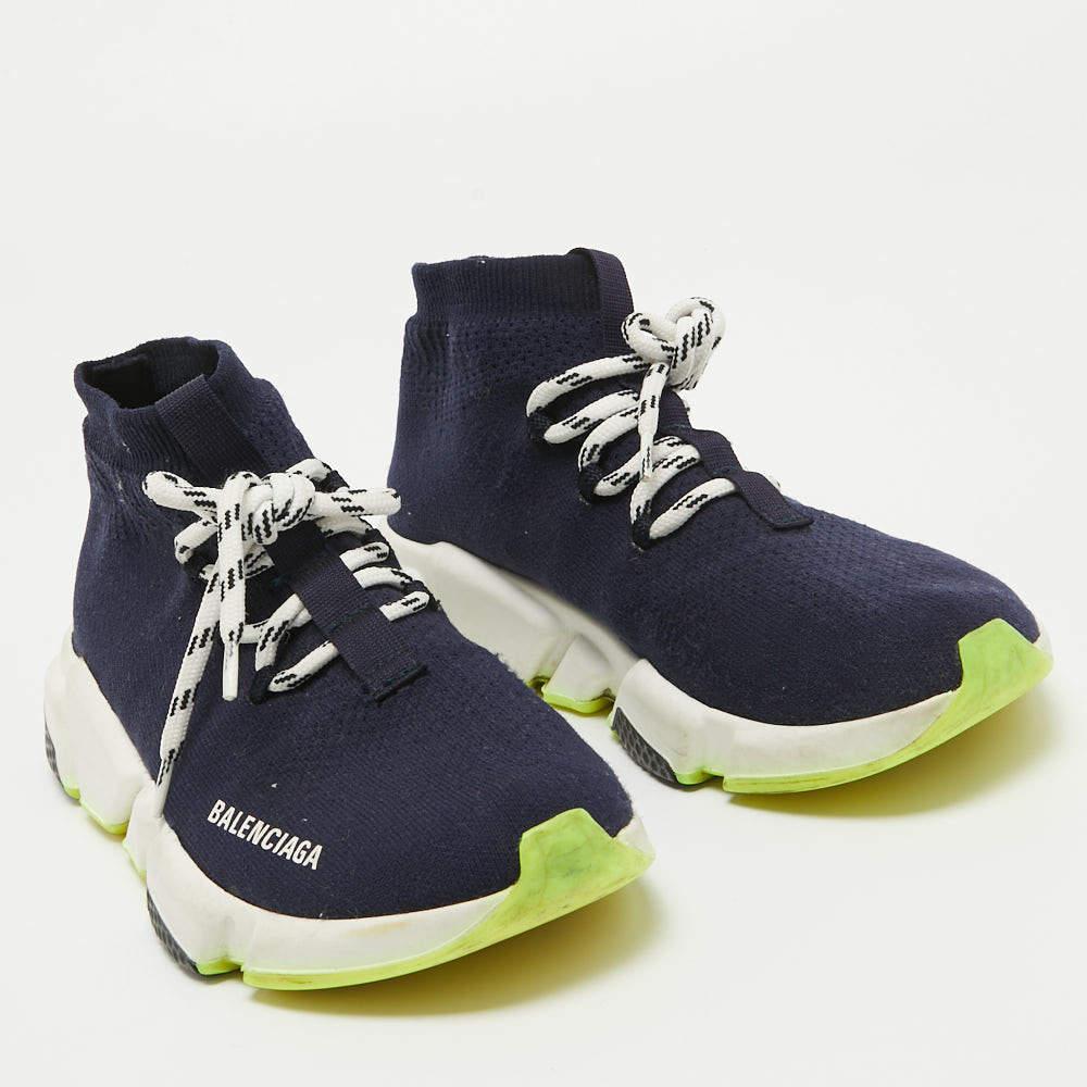 Women's Balenciaga Navy Blue Knit Speed Trainer High Top Sneakers Size 38 For Sale