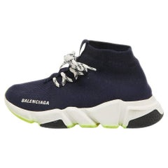 Used Balenciaga Navy Blue Knit Speed Trainer High Top Sneakers Size 38