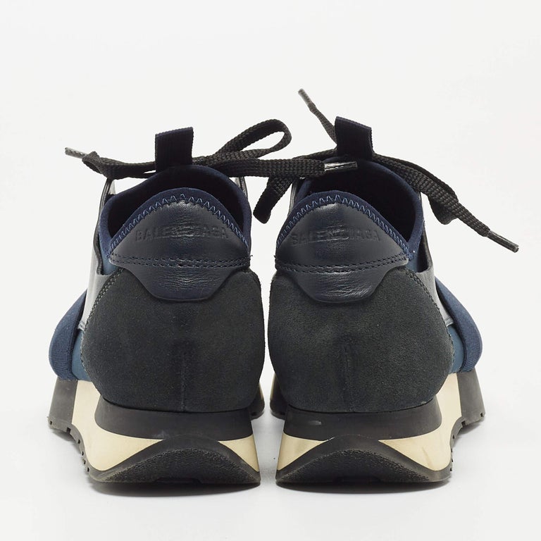 Balenciaga Navy Blue Leather and Mesh Race Runner Sneakers Size 36