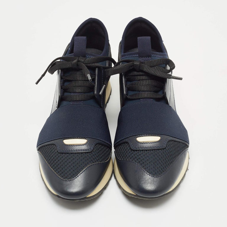 Balenciaga Navy Blue Leather and Mesh Race Runner Sneakers Size 36