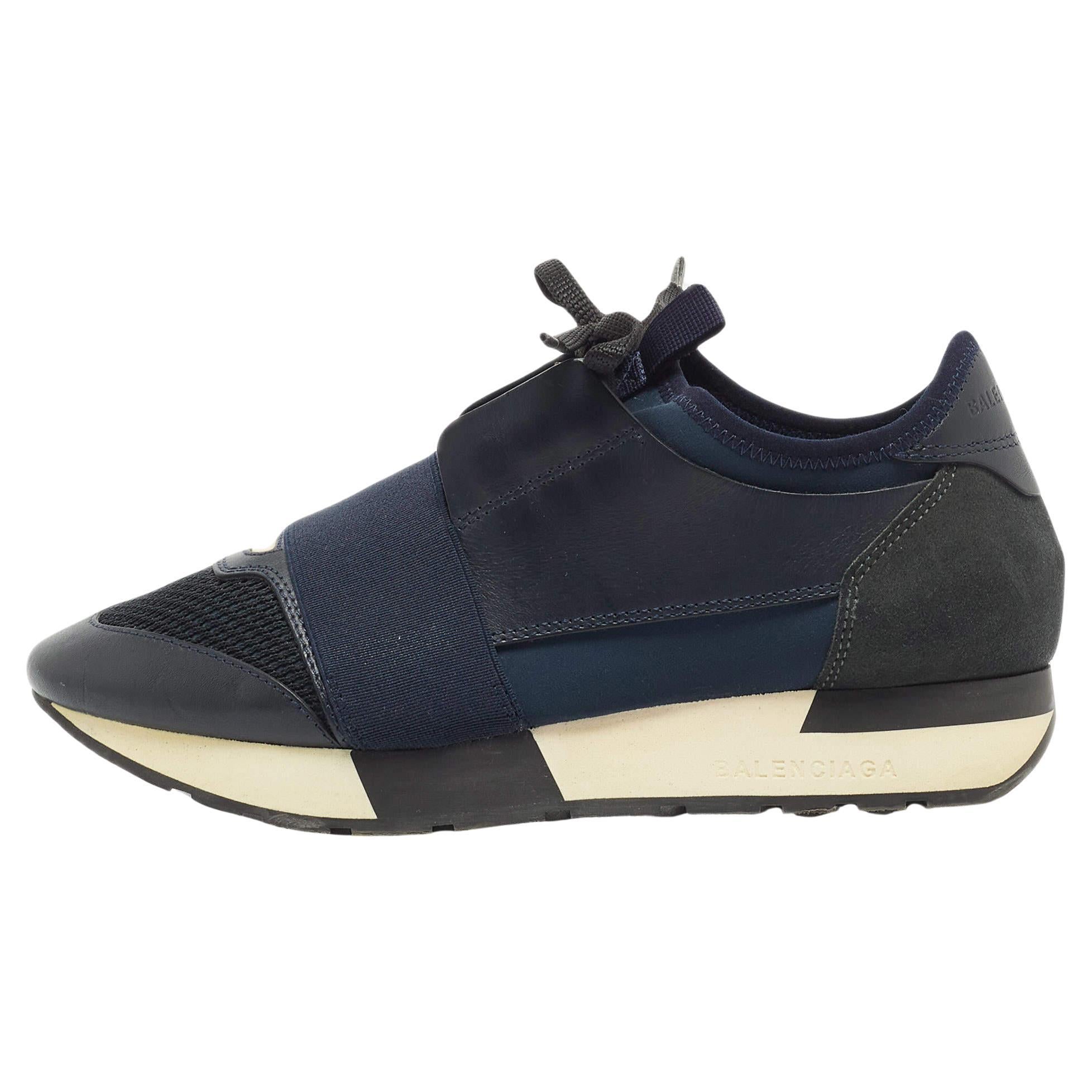 Balenciaga Navy Blue Leather and Mesh Race Runner Sneakers Size 36 For Sale