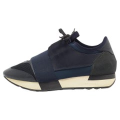 Used Balenciaga Navy Blue Leather and Mesh Race Runner Sneakers Size 36