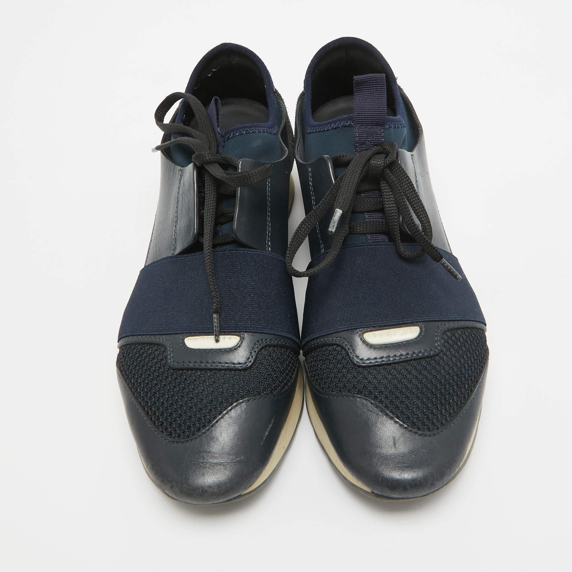 Black Balenciaga Navy Blue Leather and Mesh Race Runner Sneakers Size 38