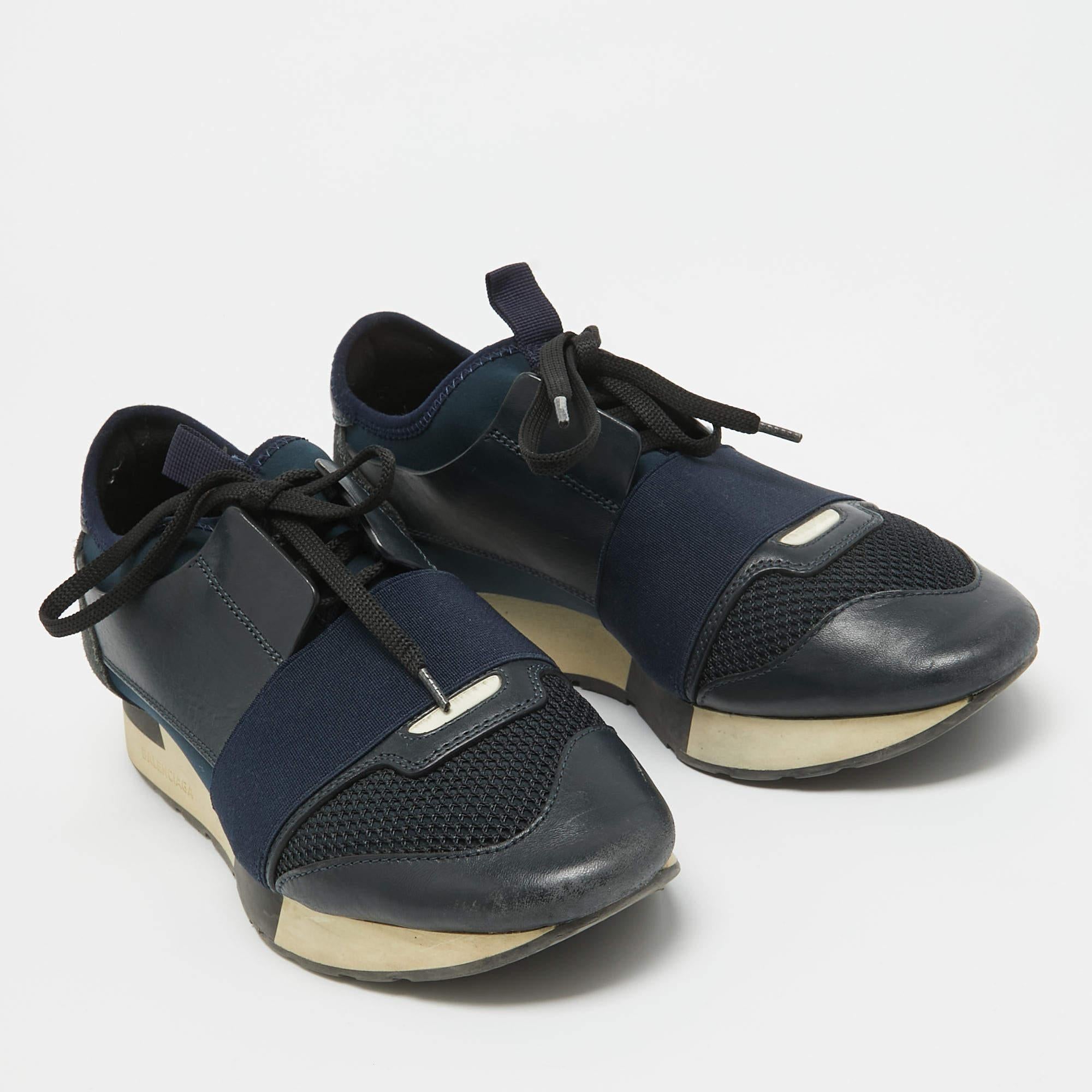 Balenciaga Navy Blue Leather and Mesh Race Runner Sneakers Size 38 In Fair Condition In Dubai, Al Qouz 2