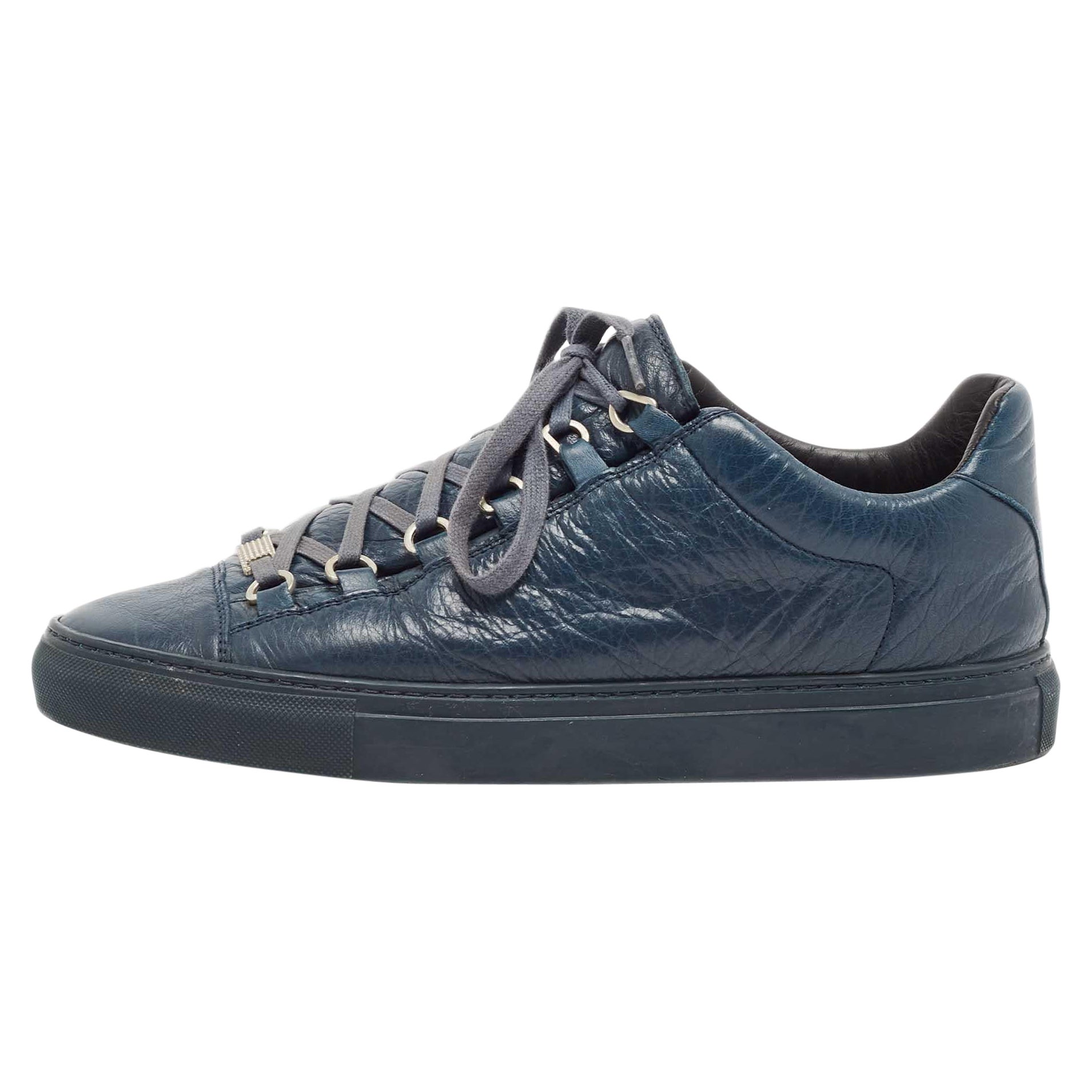Balenciaga Navy Blue Leather Arena Lace Up Sneakers Size 42