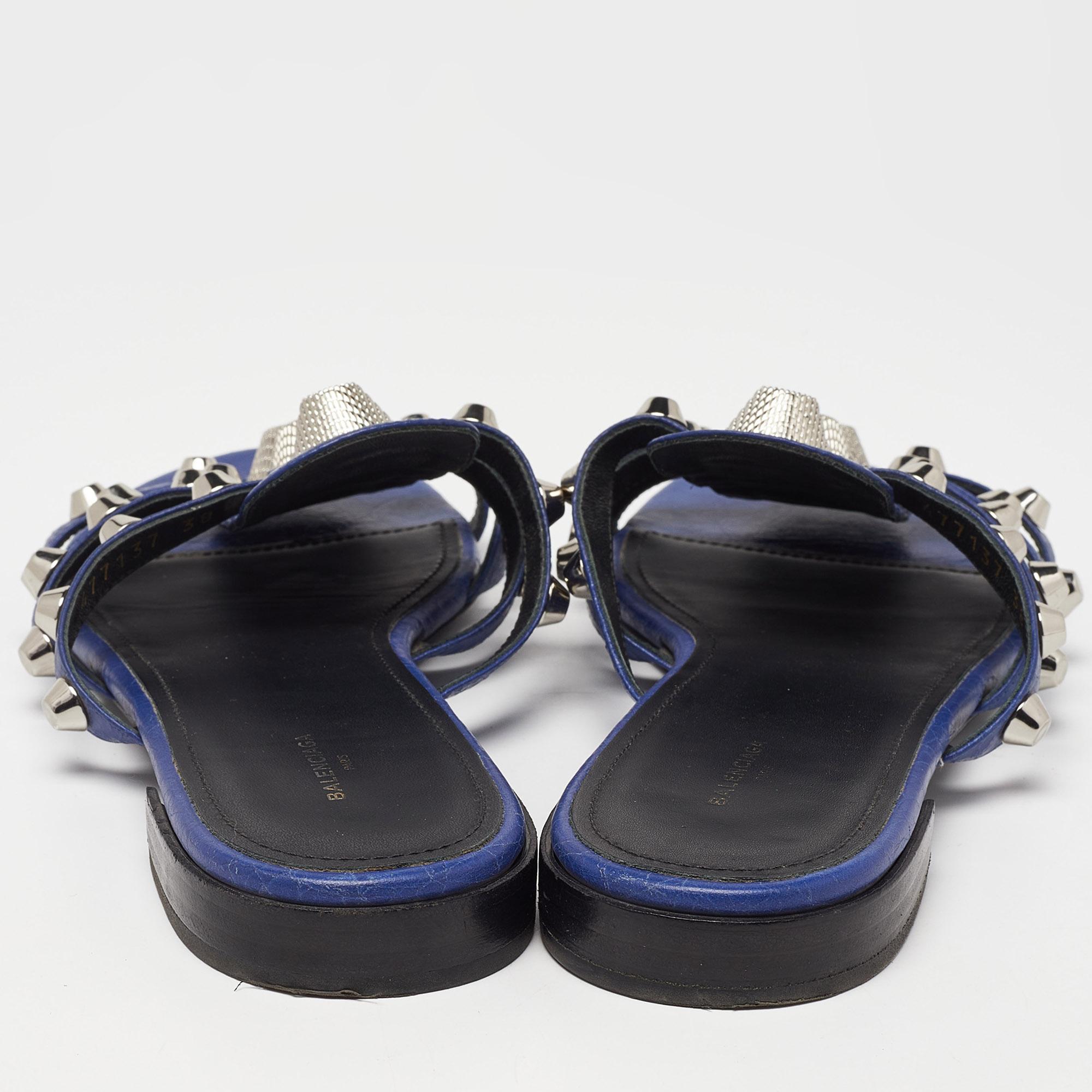 Balenciaga Navy Blue Leather Arena Studded Flat Sandals Size 38 1