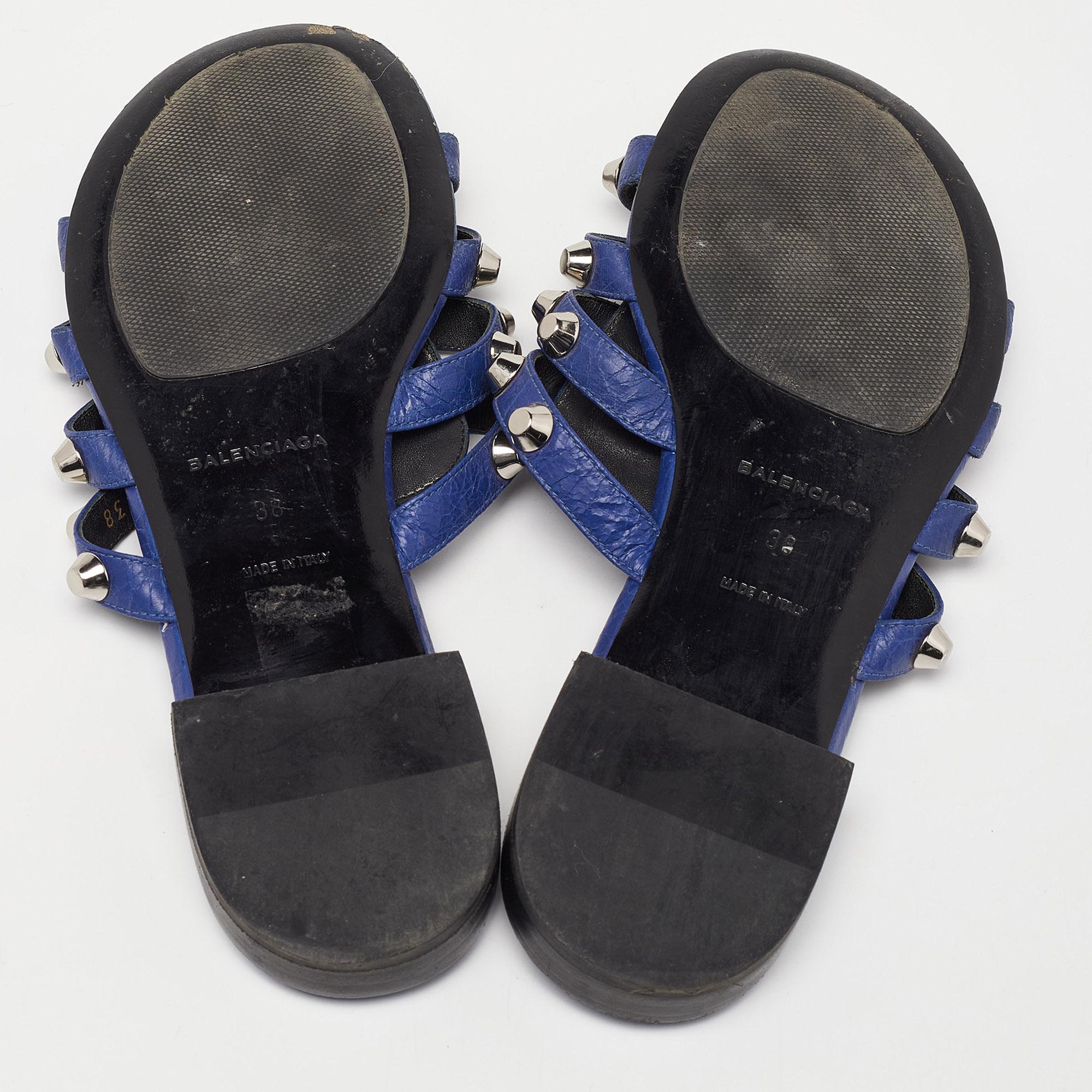 Balenciaga Navy Blue Leather Arena Studded Flat Sandals Size 38 2