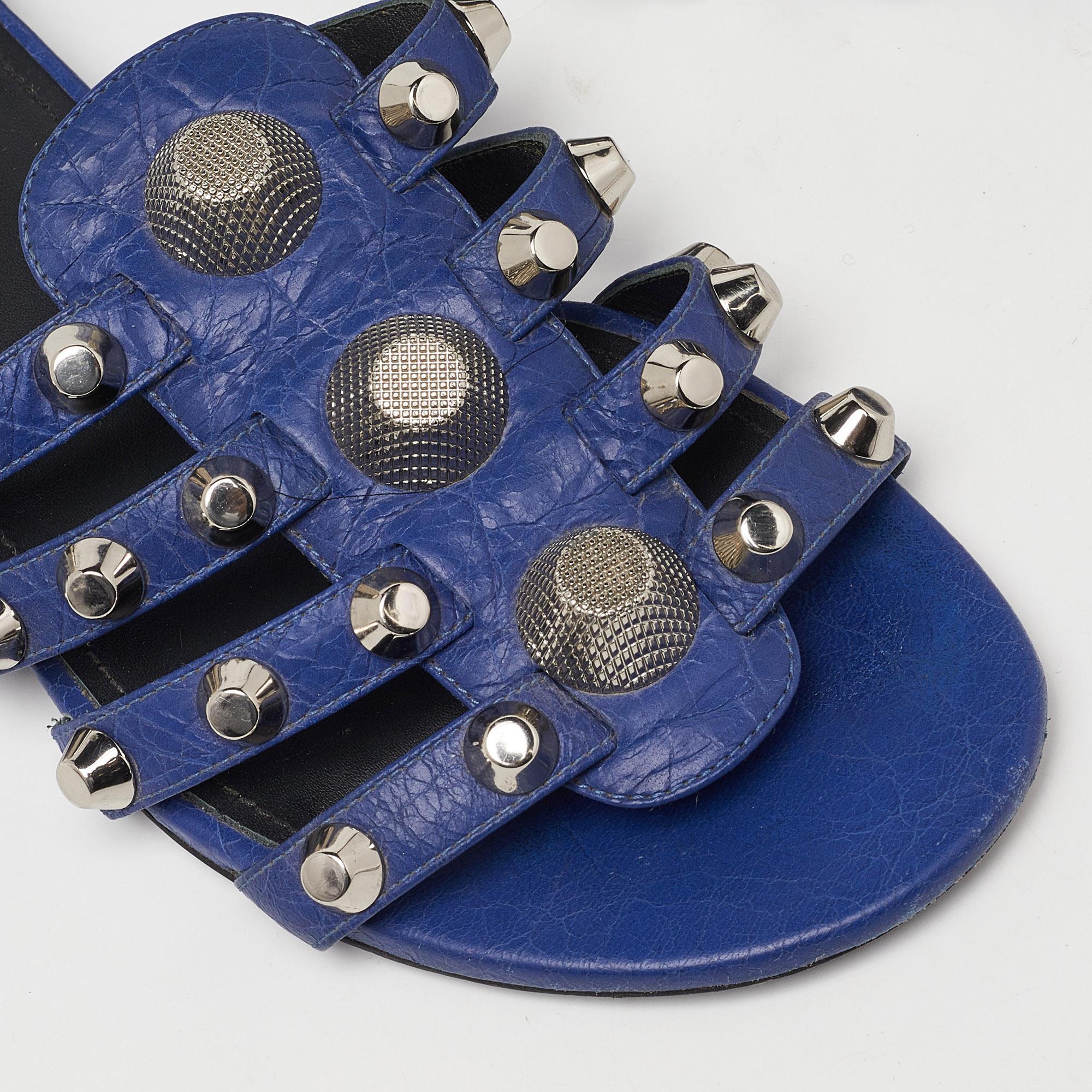 Balenciaga Navy Blue Leather Arena Studded Flat Sandals Size 38 3