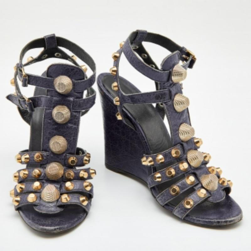 Black Balenciaga Navy Blue Leather Arena Studded Gladiator Wedge Sandals Size 40 For Sale