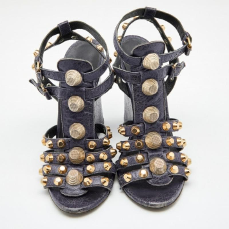 Balenciaga Navy Blue Leather Arena Studded Gladiator Wedge Sandals Size 40 In Fair Condition For Sale In Dubai, Al Qouz 2