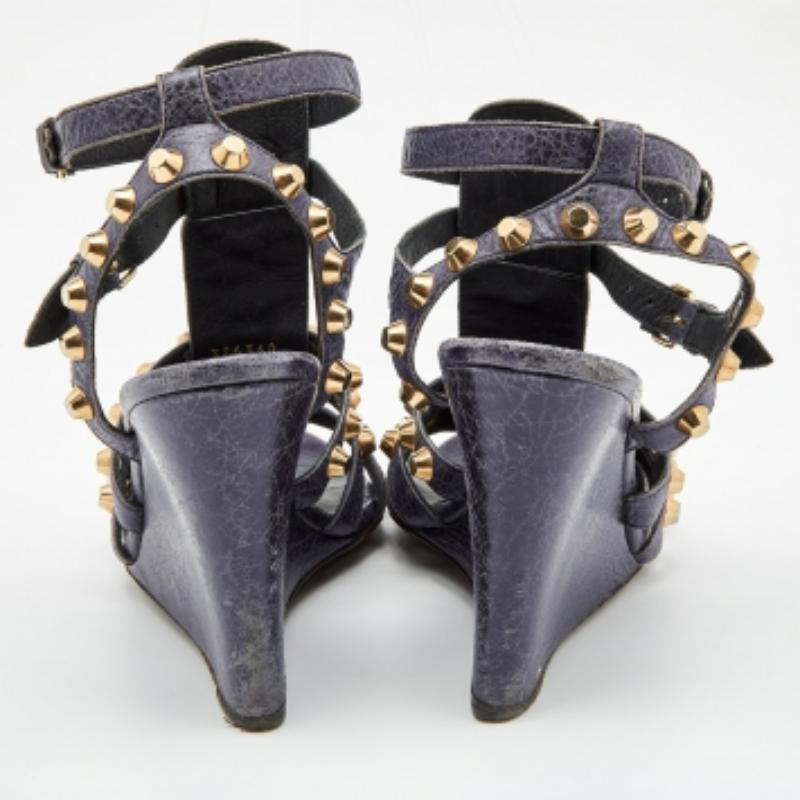 Women's Balenciaga Navy Blue Leather Arena Studded Gladiator Wedge Sandals Size 40 For Sale