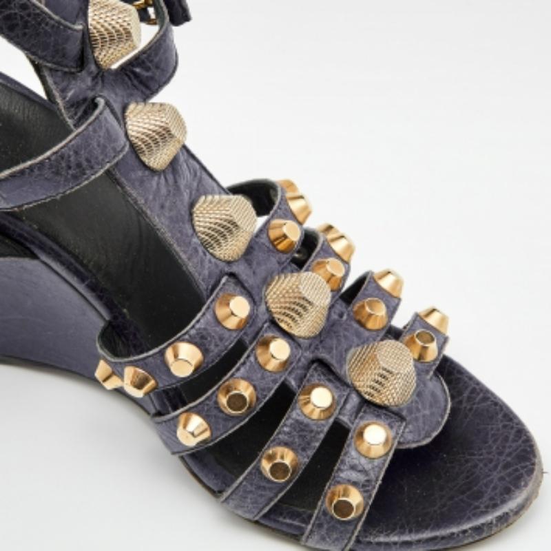 Balenciaga Navy Blue Leather Arena Studded Gladiator Wedge Sandals Size 40 For Sale 1