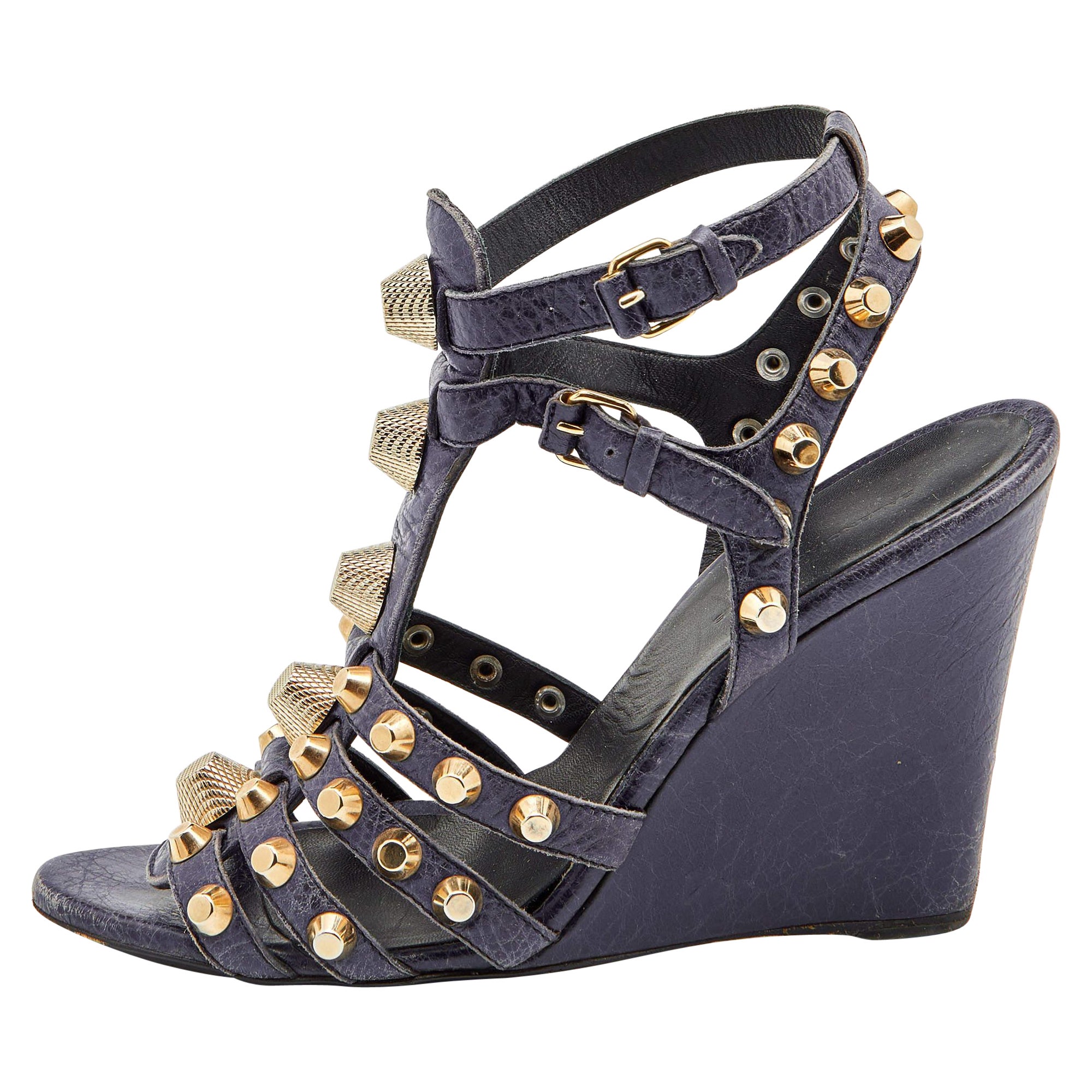 Balenciaga Navy Blue Leather Arena Studded Gladiator Wedge Sandals Size 40