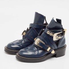 Balenciaga Navy Blue Leather Ceinture Ankle Boots Size 36