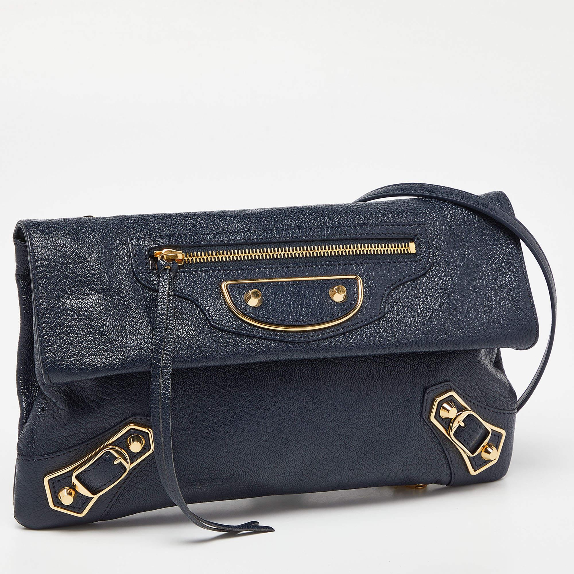 Women's Balenciaga Navy Blue Leather Metallic Edge Envelope Clutch Bag
