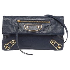 Balenciaga Navy Blue Leather Metallic Edge Envelope Clutch Bag