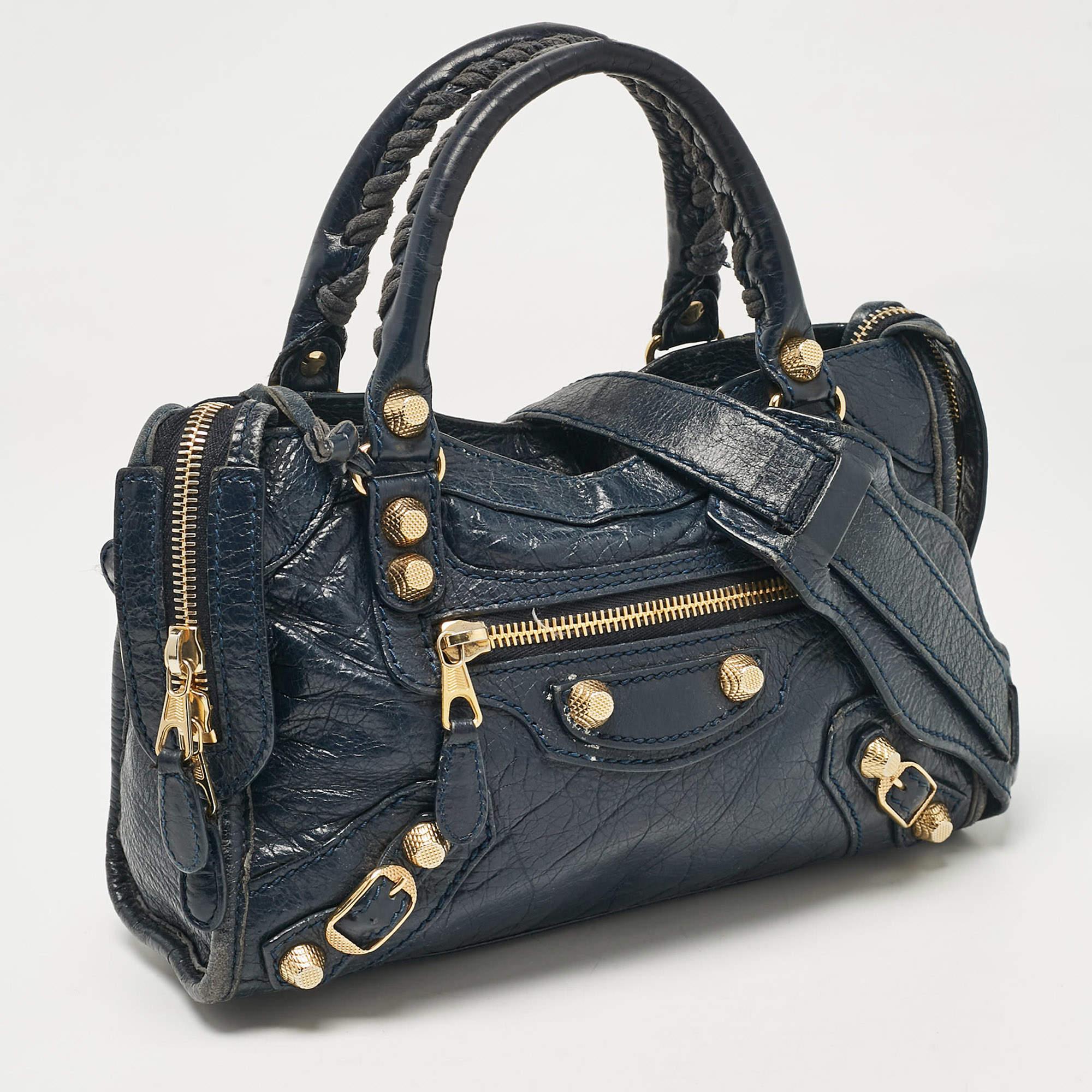 Black Balenciaga Navy Blue Leather Mini Classic City Bag