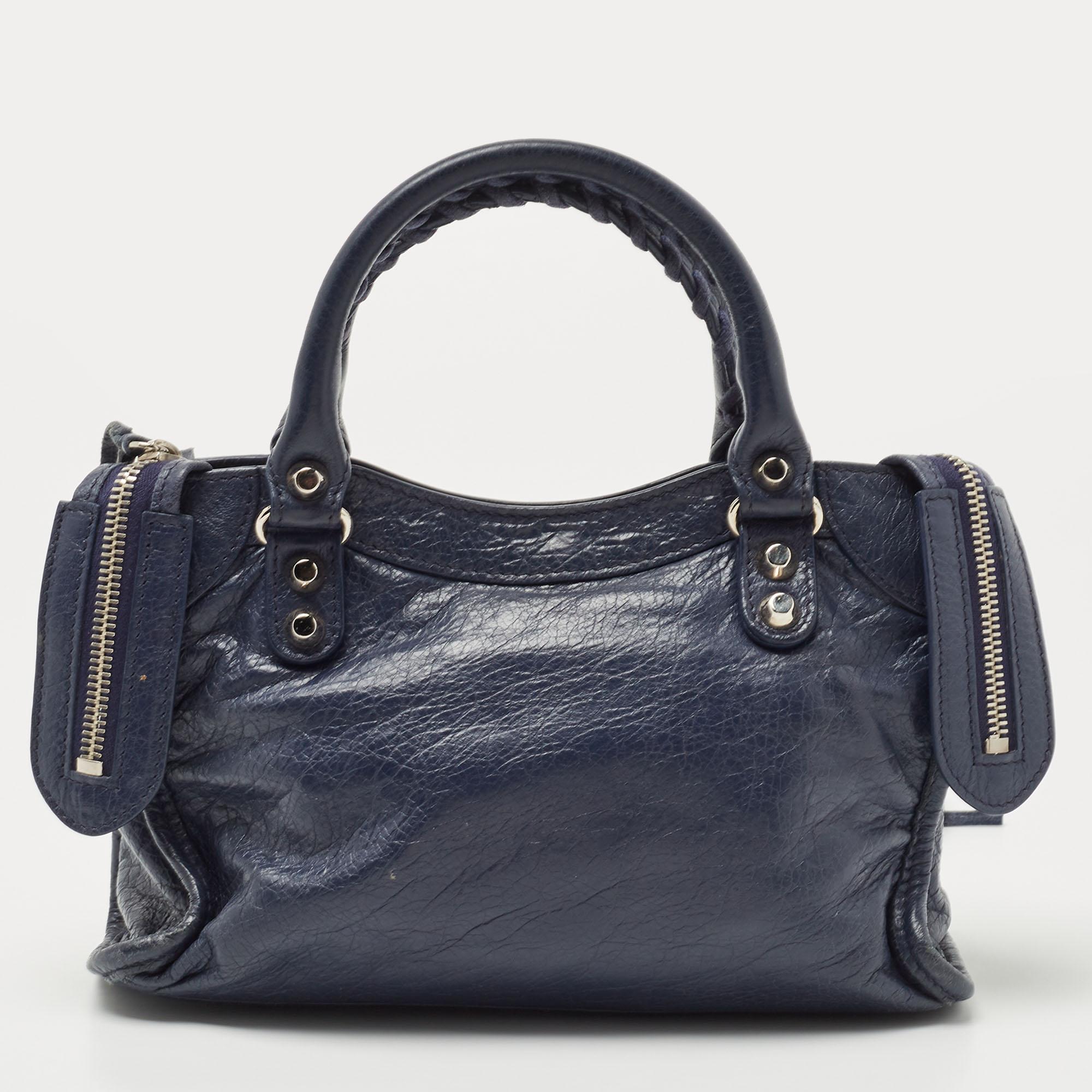 Women's Balenciaga Navy Blue Leather Mini Classic Metallic Edge City Bag