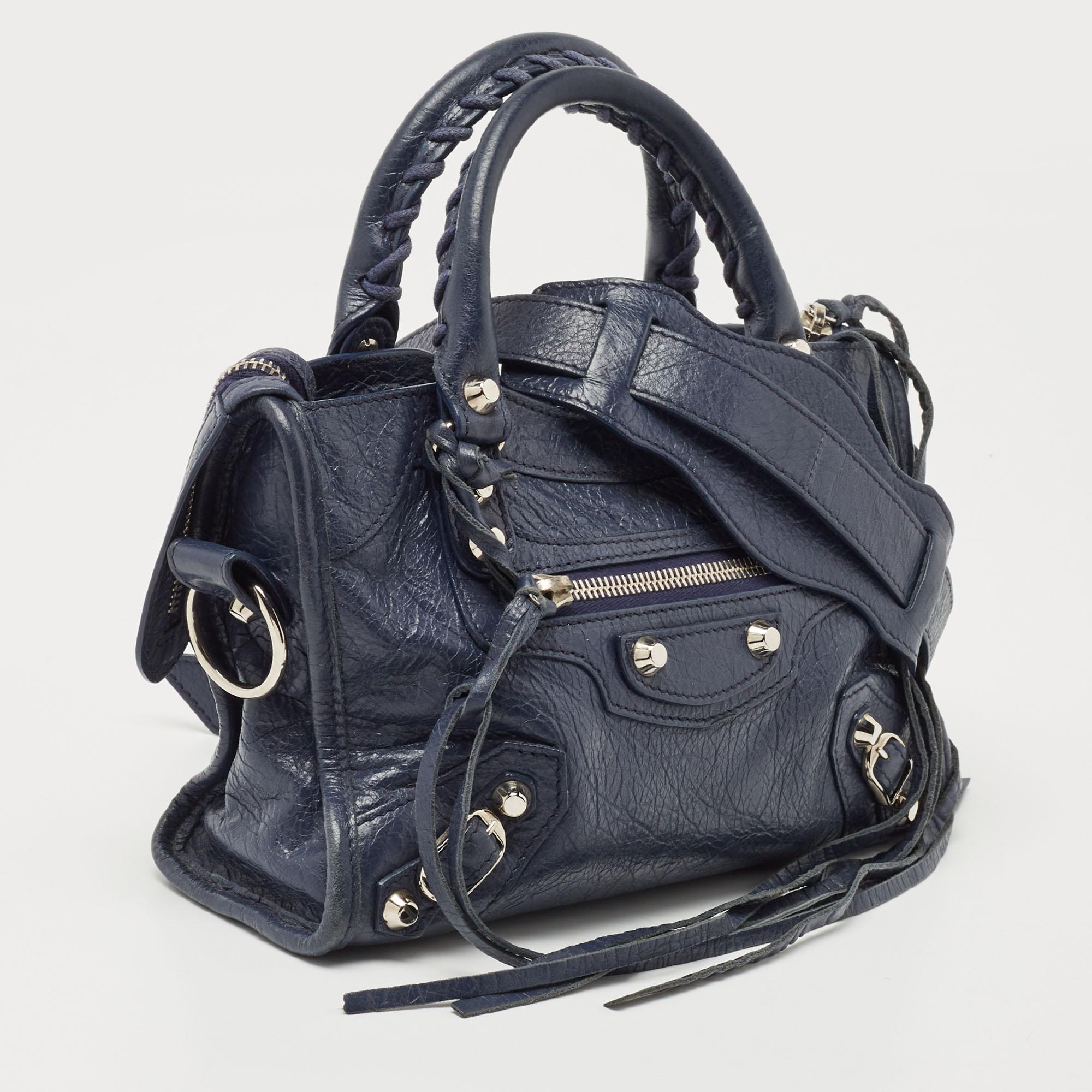 Balenciaga Navy Blue Leather Mini Classic Metallic Edge City Bag 1