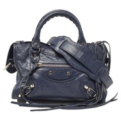 Balenciaga Navy Blue Leather Mini Classic Metallic Edge City Bag