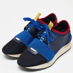 Balenciaga Navy Blue Leather Suede Neoprene & Mesh Race Runner Sneakers Size 38