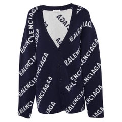Balenciaga Navy Blue Logo Patterned Wool Buttoned Cardigan XS