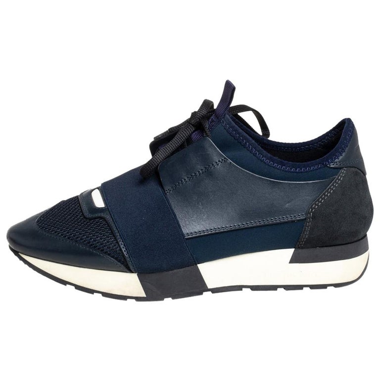 Balenciaga Navy Blue Mesh And Leather Race Runner Low Top Sneakers Size 38  at 1stDibs