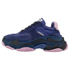 Balenciaga Navy Blue/Pink Suede and Nylon Triple S Sneakers Size 36