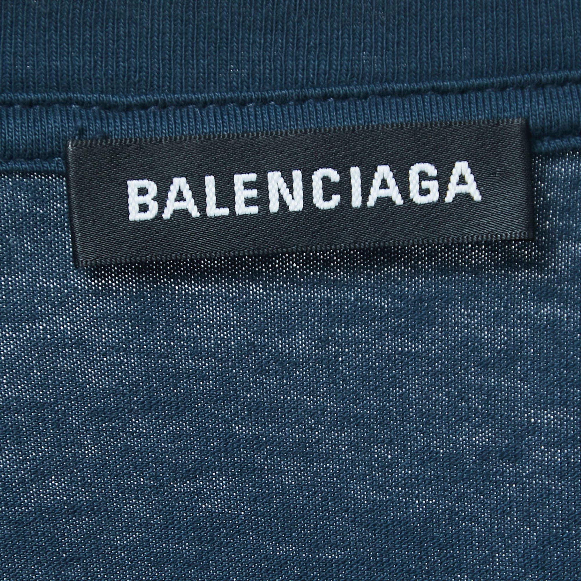 Balenciaga Navy Blue Printed Cotton T-Shirt S For Sale 1
