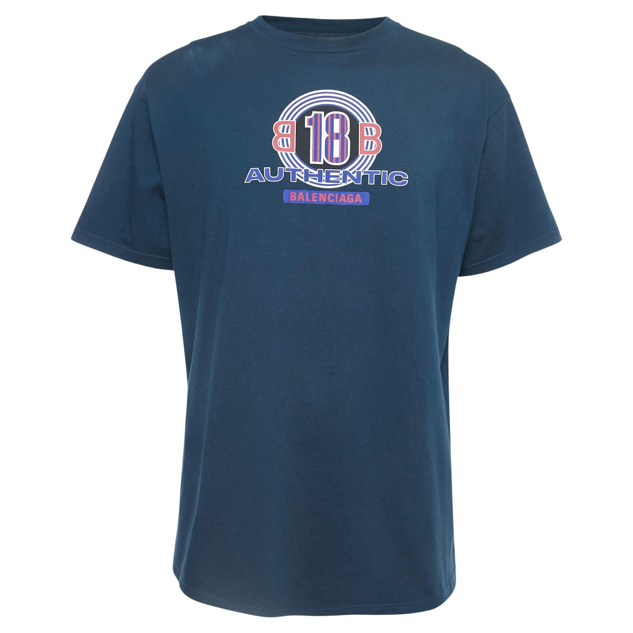 Balenciaga Navy Blue Printed Cotton T-Shirt S For Sale