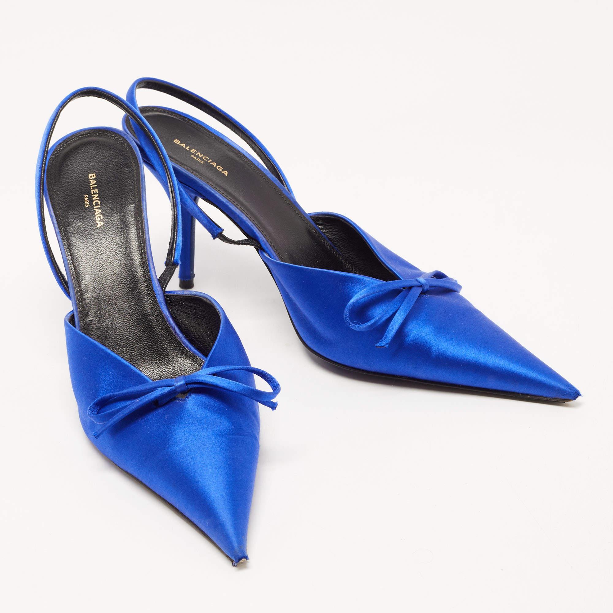 Women's Balenciaga Navy Blue Satin Knife Bow Pointed Toe Slingback Pumps Size 38 For Sale