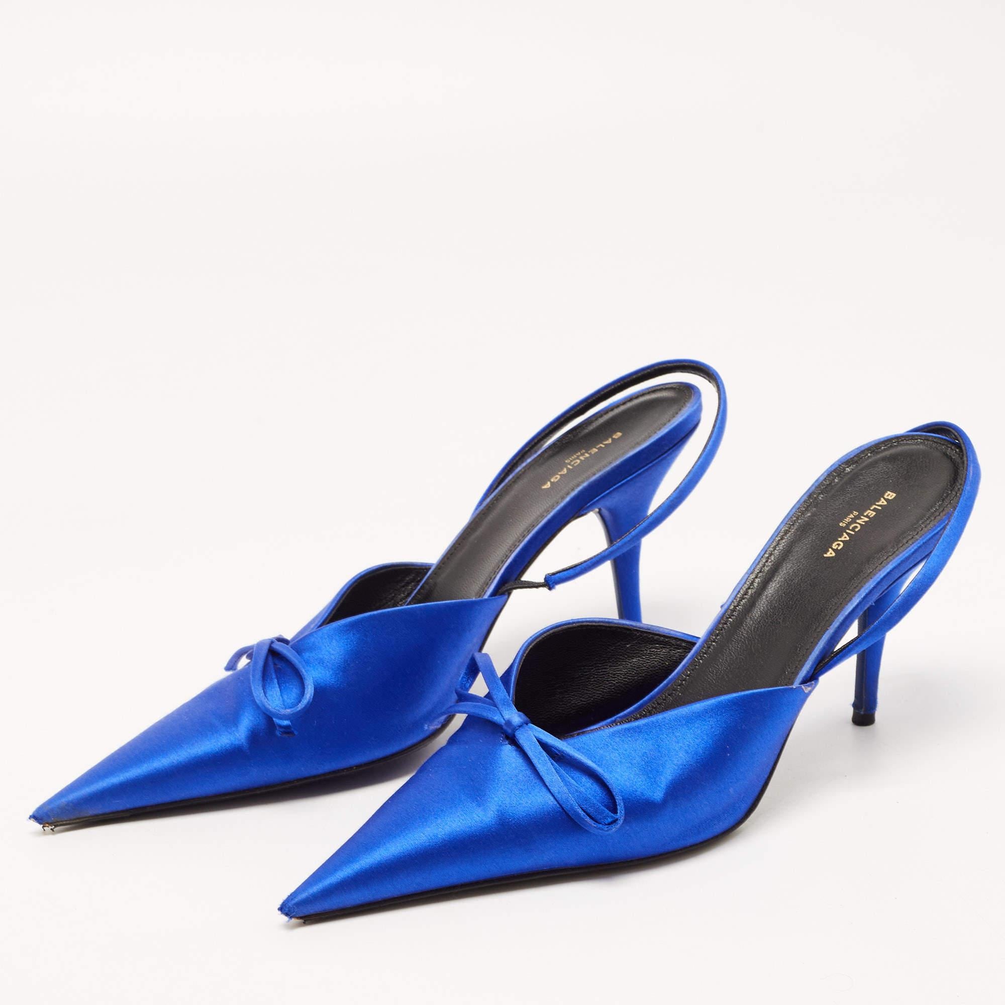 Balenciaga Navy Blue Satin Knife Bow Pointed Toe Slingback Pumps Size 38 For Sale 1