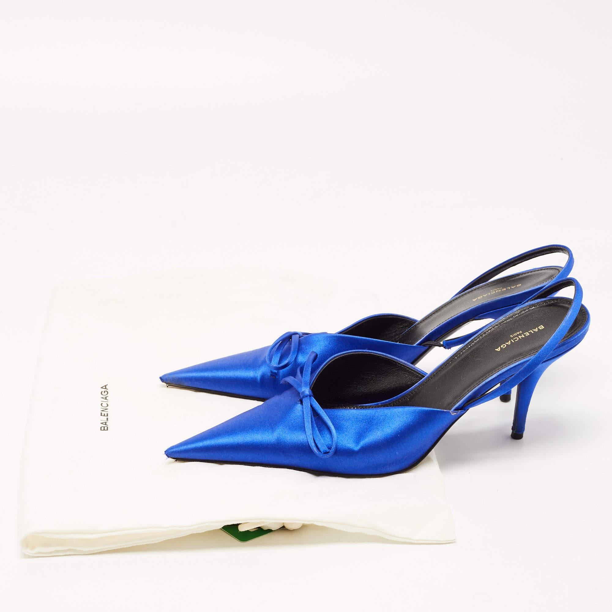 Balenciaga Navy Blue Satin Knife Bow Pointed Toe Slingback Pumps Size 38 For Sale 2
