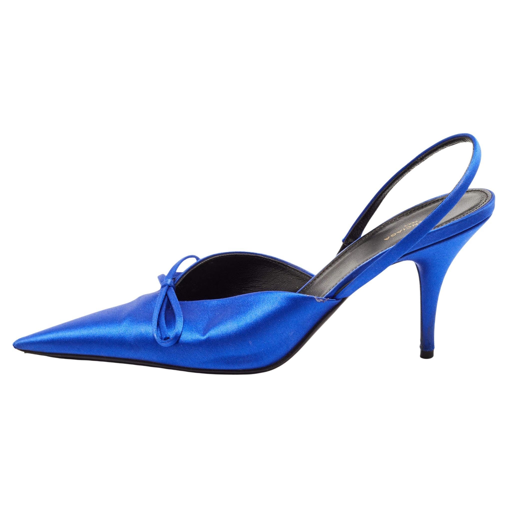 Balenciaga Navy Blue Satin Knife Bow Pointed Toe Slingback Pumps Size 38 For Sale
