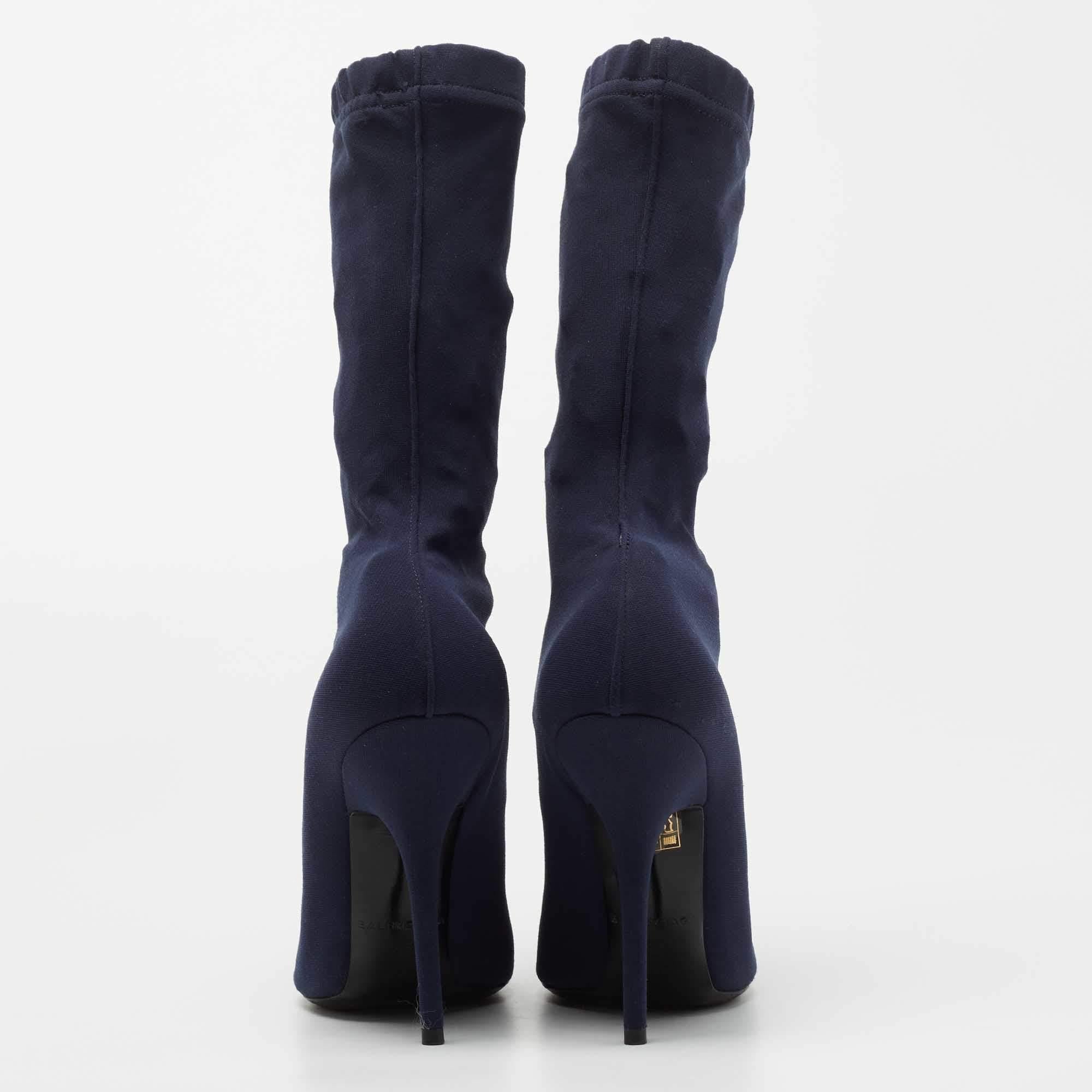 Balenciaga Navy Blue Stretch Fabric Knife Mid Calf Boots Size 38 In Good Condition In Dubai, Al Qouz 2