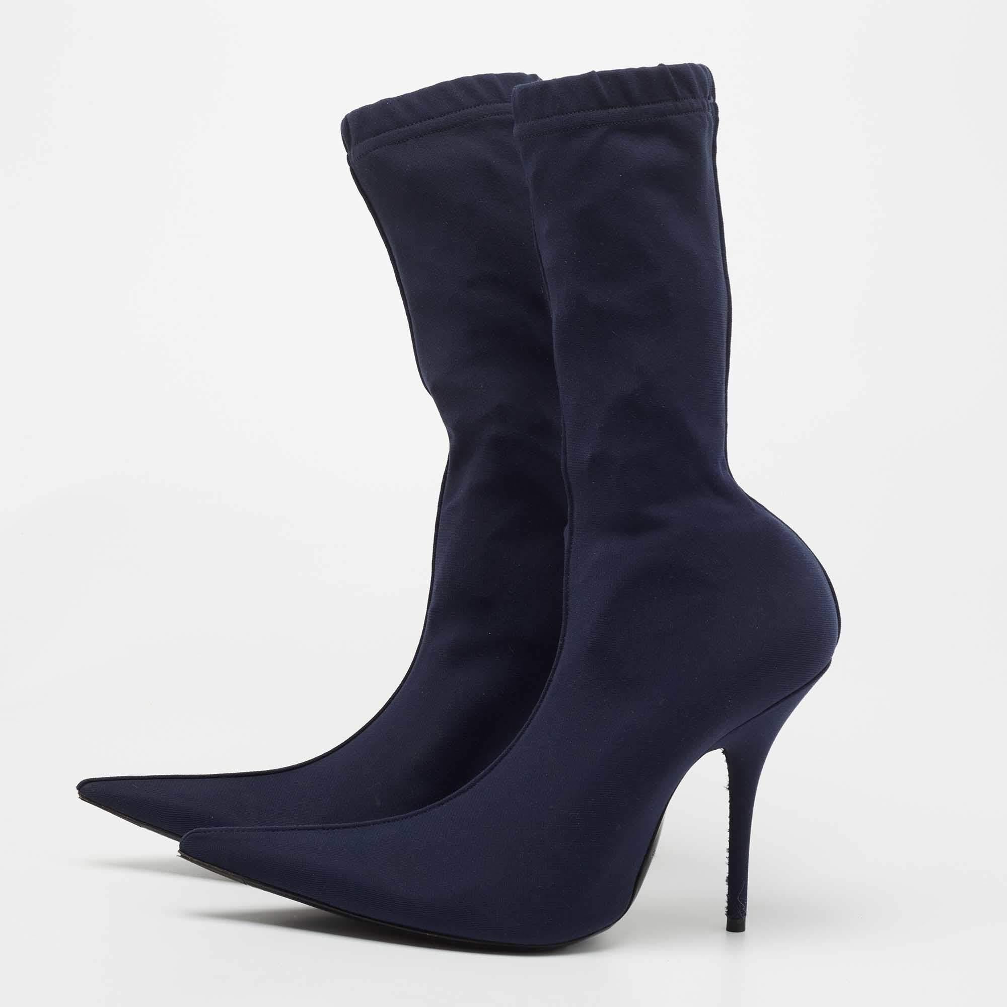 Women's Balenciaga Navy Blue Stretch Fabric Knife Mid Calf Boots Size 38