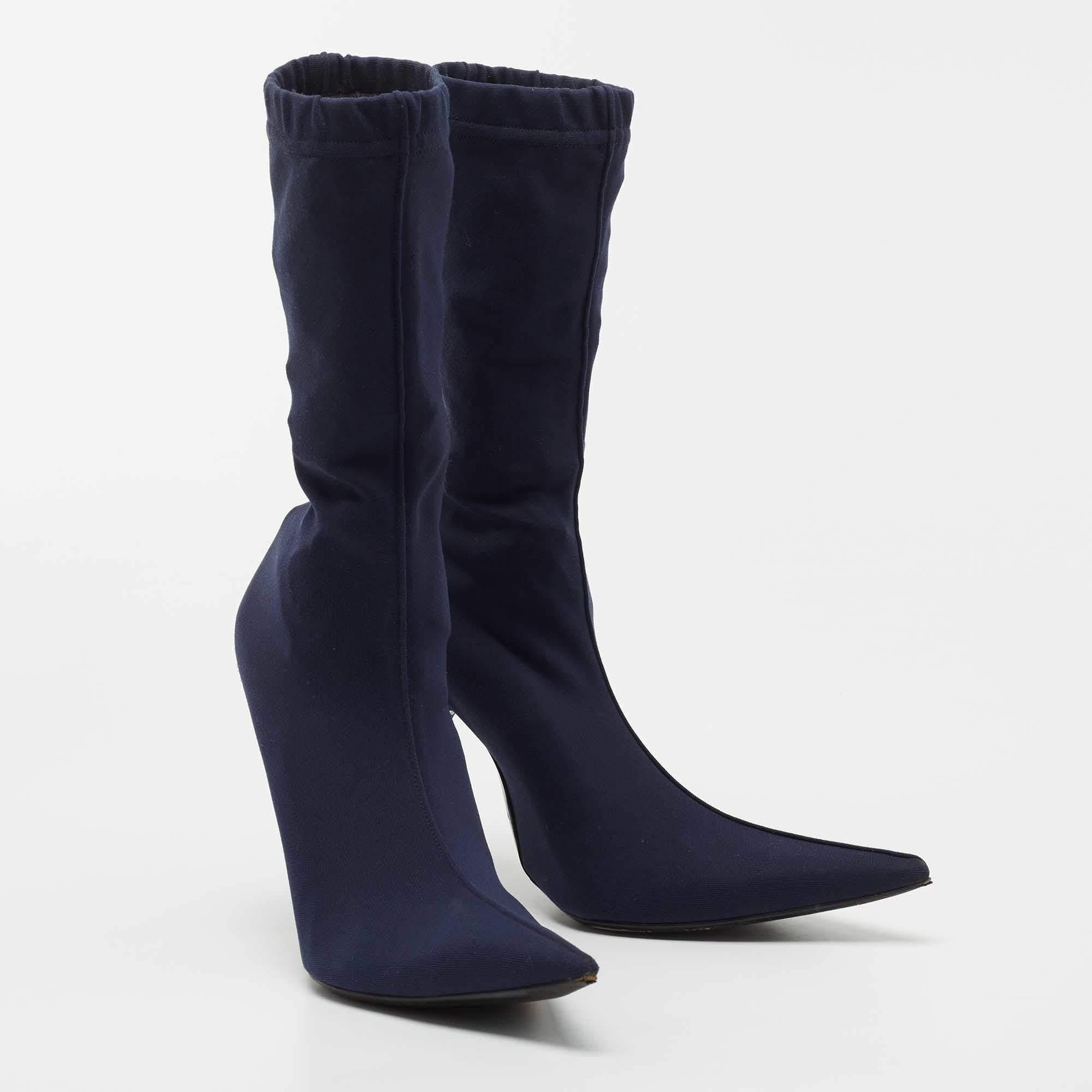 Balenciaga Navy Blue Stretch Fabric Knife Mid Calf Boots Size 38 1