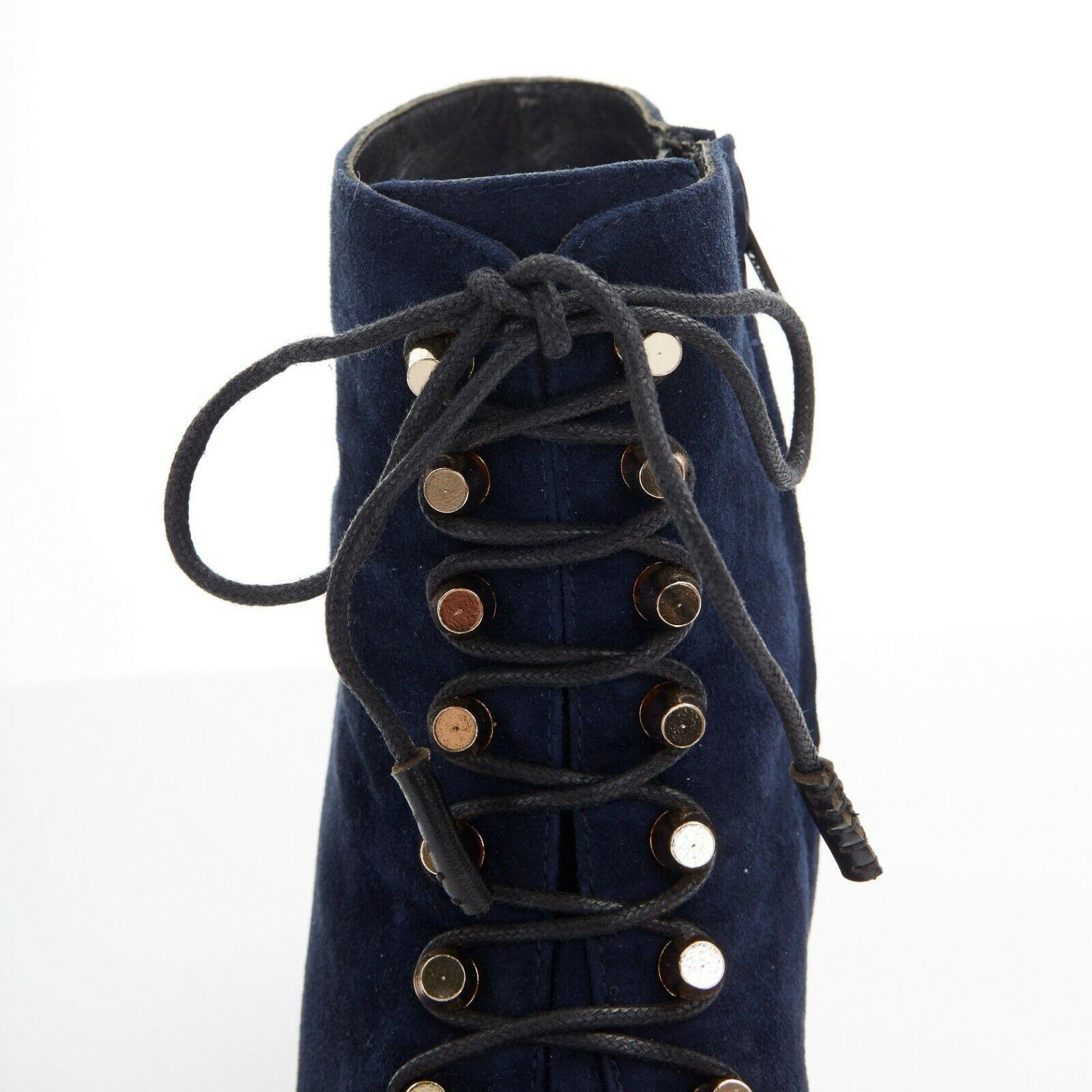 BALENCIAGA navy blue suede gold-tone stud lace up point toe ankle bootie EU37 2