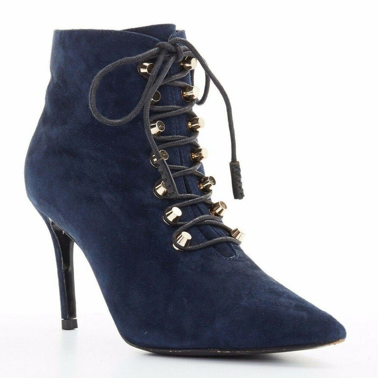 BALENCIAGA navy blue suede gold-tone stud lace up point toe ankle ...